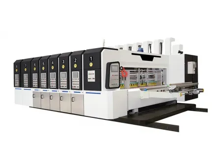 خط إنتاج صناديق كرتون آلي بسرعة عالية (طباعة فلكسو، تحزيز، قطع بالقوالب) Auto High Speed Flexo Printer Slotter Die Cutter Stacker