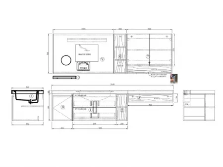 أثاث حمام بتصميم هندسي أنيق ومتكامل (كابينات ومغاسل بسطح كونترتوب عصري أنيق)