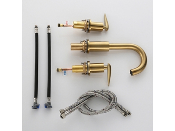 خلاط مغسلة بمظهر ذهبي مصقول ثلاث قطع SW-BFL002                     Brushed gold 3 holes widespread basin faucet