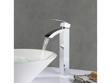 خلاط مغسلة طويل حمام بمظهر الكروم المصقول SW-BFS005(2)                     Vessel waterfall bathroom basin faucet in chrome polished finish