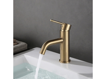 خلاط مغسلة بفوهة مقوسة ومظهر ذهبي مصقول SW-BFS011                     Single handle brushed gold basin faucet