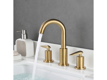 خلاط مغسلة بمظهر ذهبي مصقول ثلاث قطع SW-BFL002                     Brushed gold 3 holes widespread basin faucet
